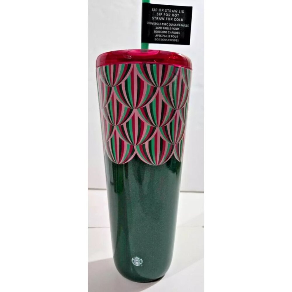 Starbucks Christmas Holiday Green & Pink Metallic Tumbler 2024 Straw 24 oz NWT